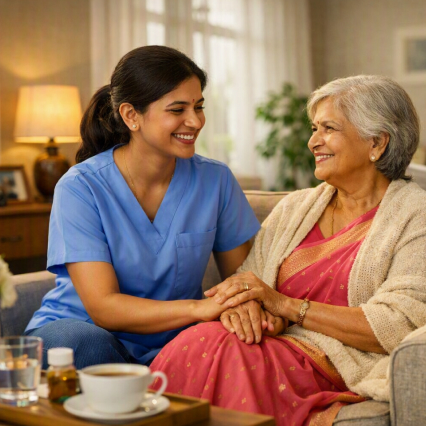 Nurse supporting an elderly woman